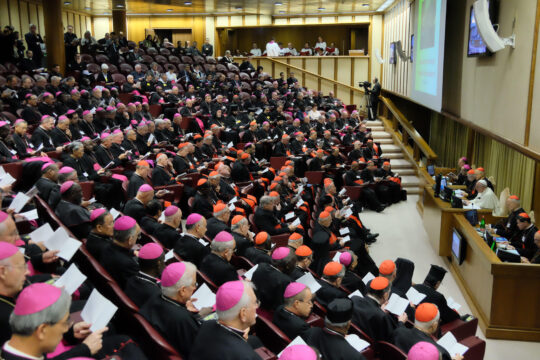pope in white addresses room full of cardinals in black and red