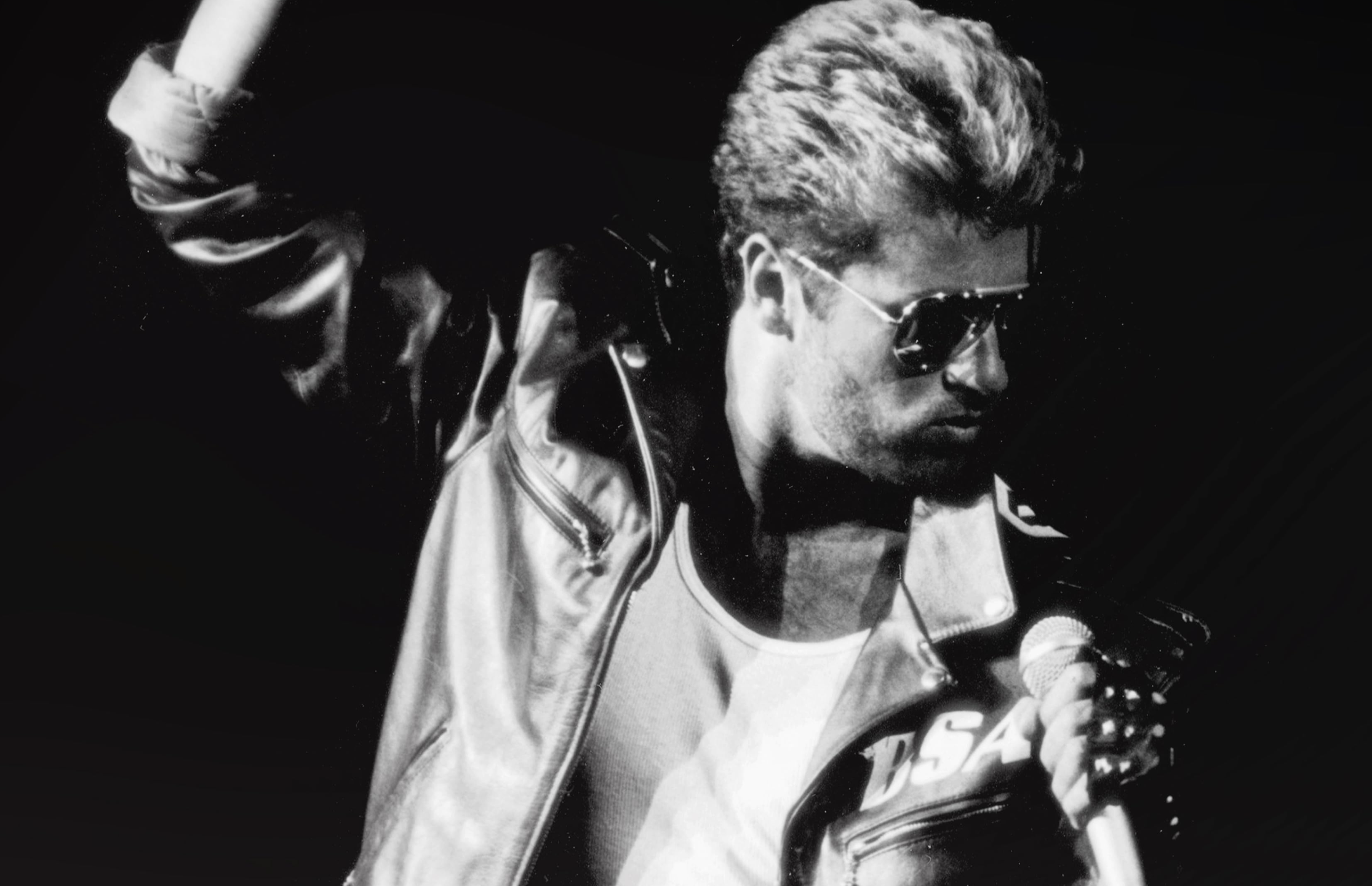 Black and white photograph of George Michael