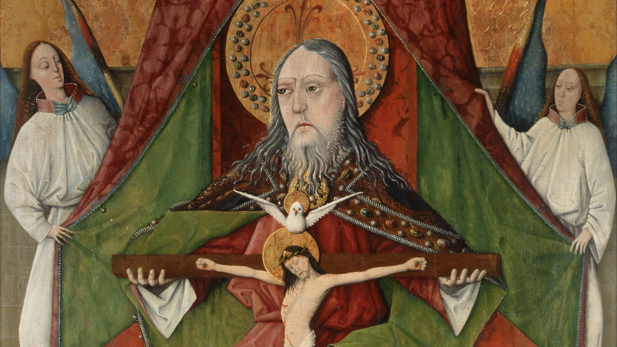 painting of trinity with angels holding green cloak of God