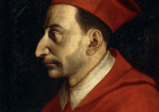 profile of white man with large nose and red hat and coat