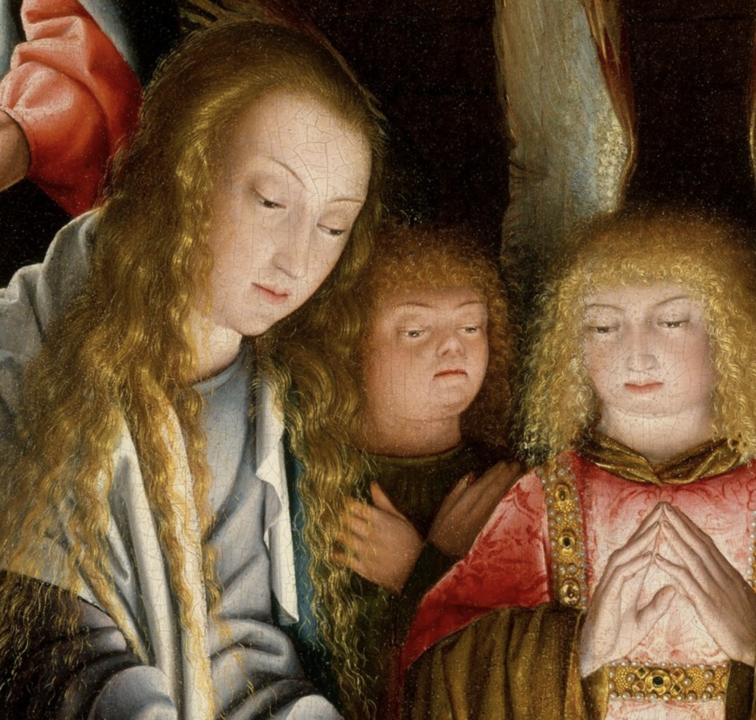 close-up of Adoration of the Christ Child painting with angel resembling an individual with Down syndrome