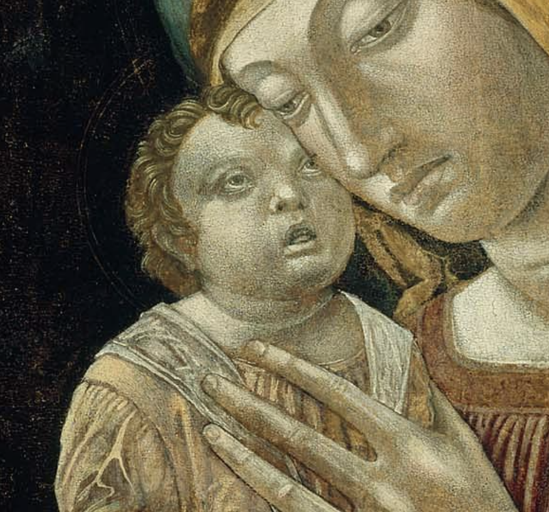 Close-up of painting of Mary and the Child Jesus resembling a child with Down syndrome