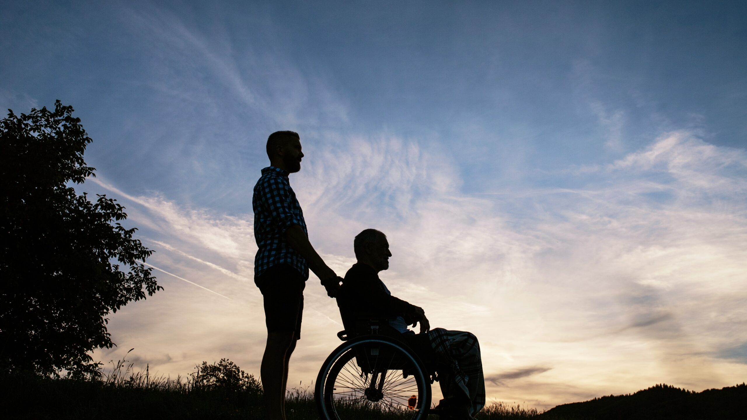 Silhouettes of man and man in wheelchair