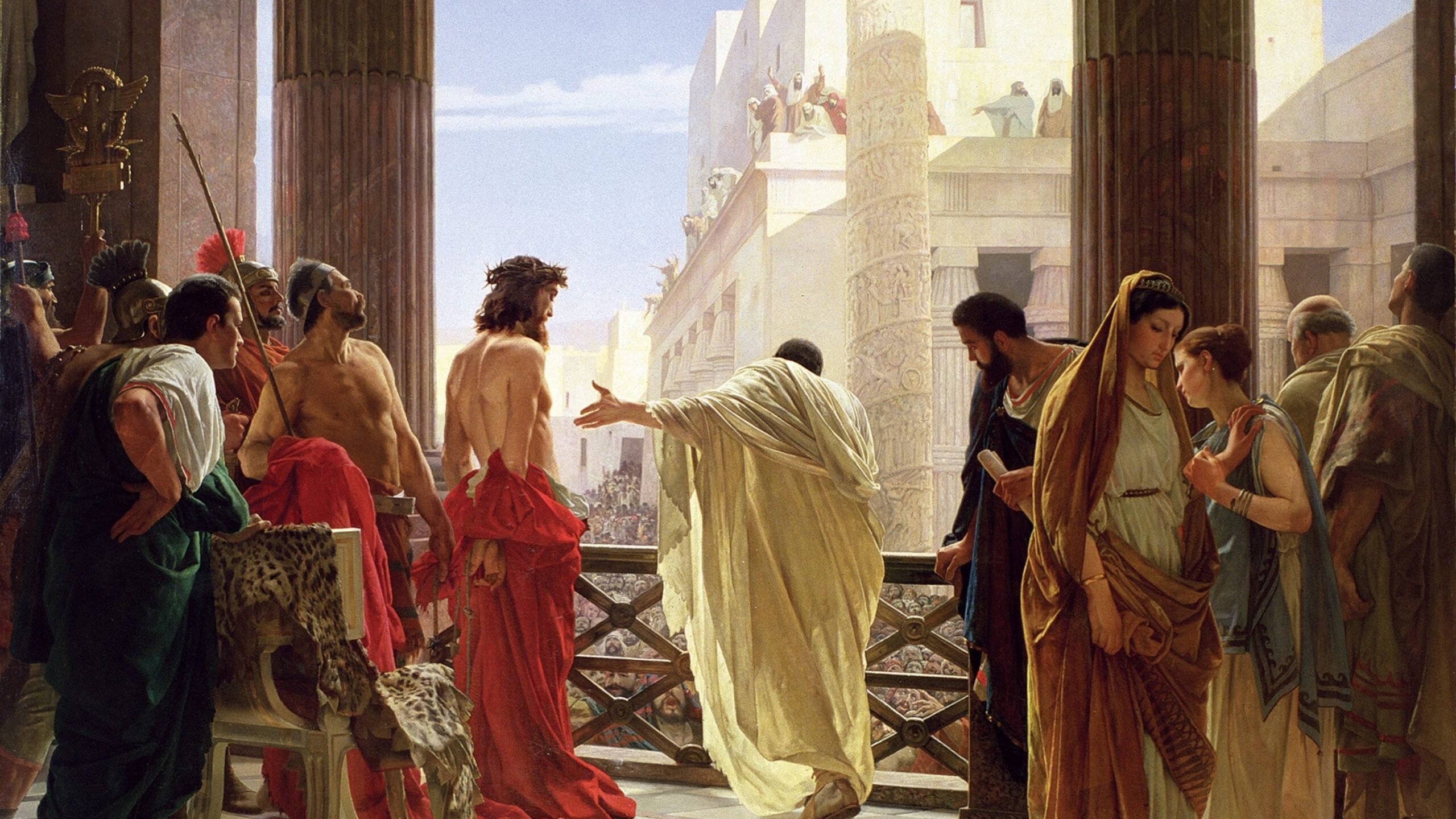 Pilate with Jesus in front of the crowd