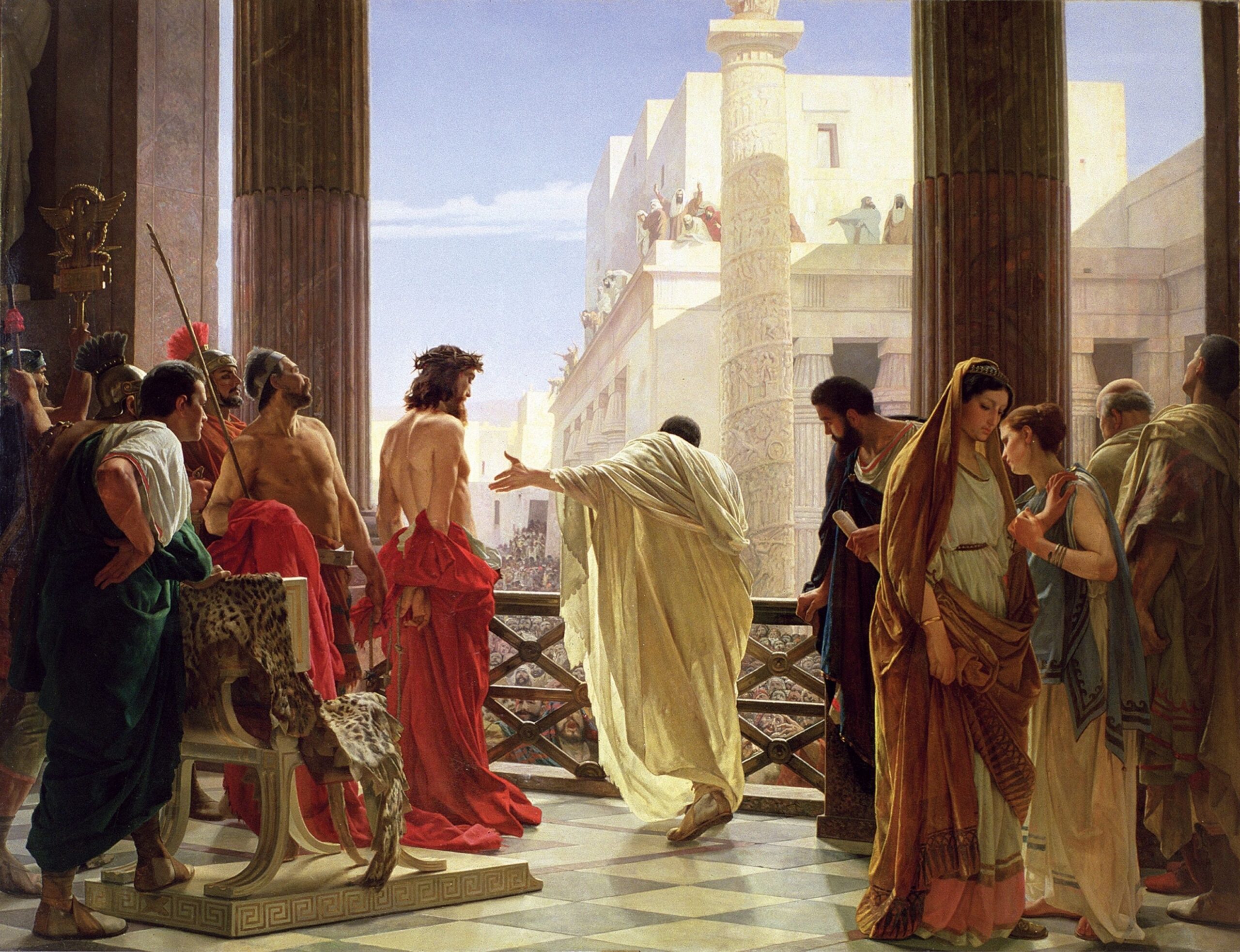 Pilate with Jesus in front of the crowd
