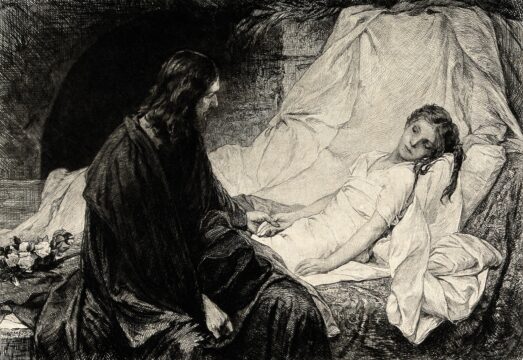 Christ sits at the bedside of Jairus's sickening daughter.