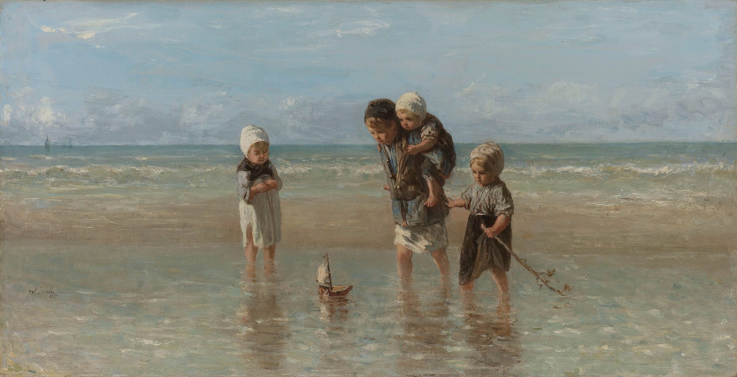 Painting of a group of children on the beach