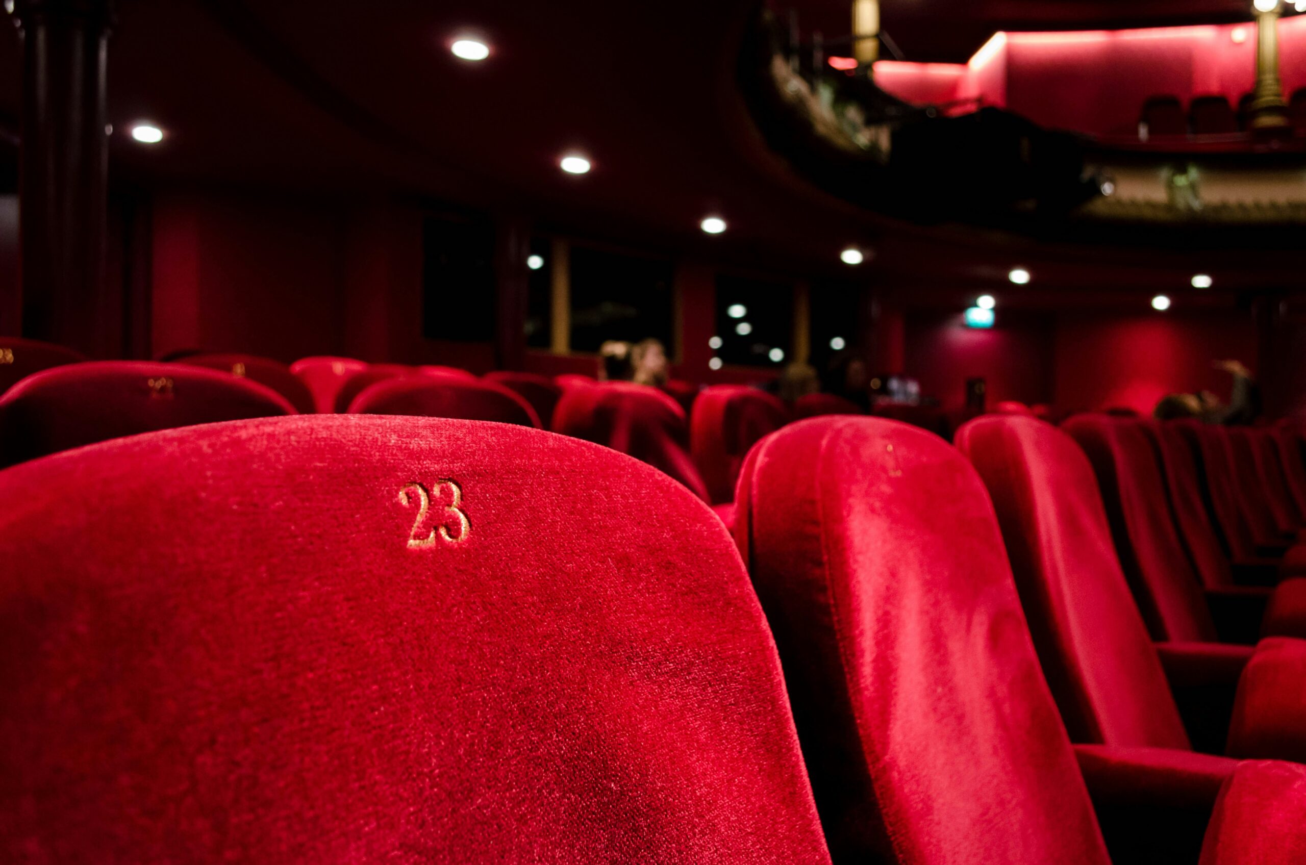 Rows of red theatre chairs