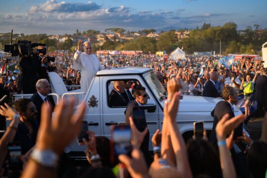 Pope Leo XIV arrives to preside over the prayer vigil with young people participating in the Youth Jubilee at the Tor Vergata camp.