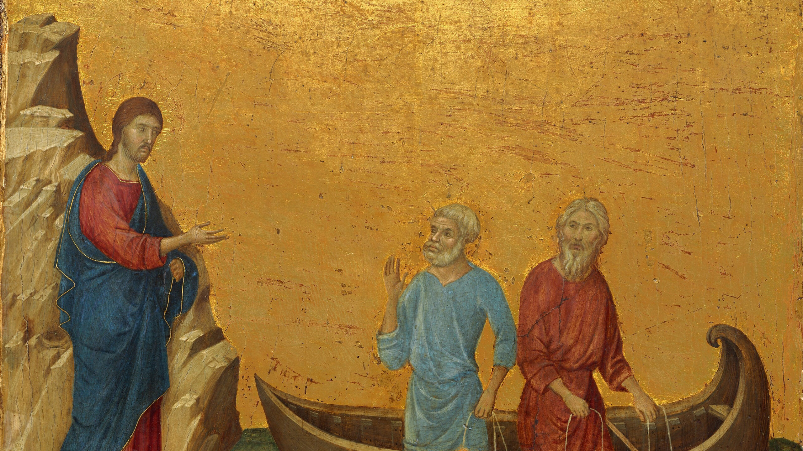 gold background man in boat