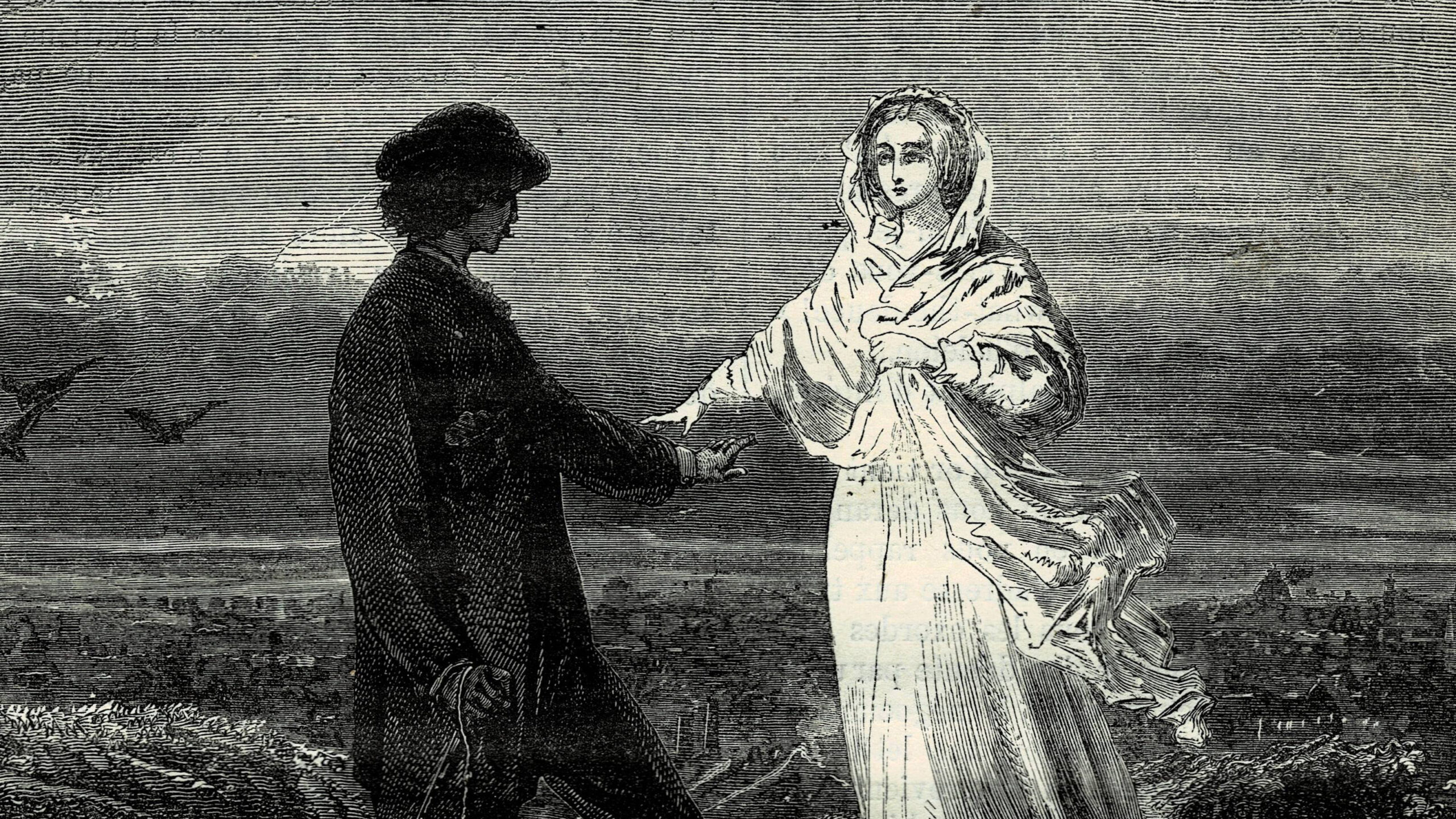 woman in white, man in black