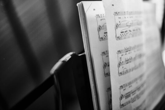 black and white photo of sheet music