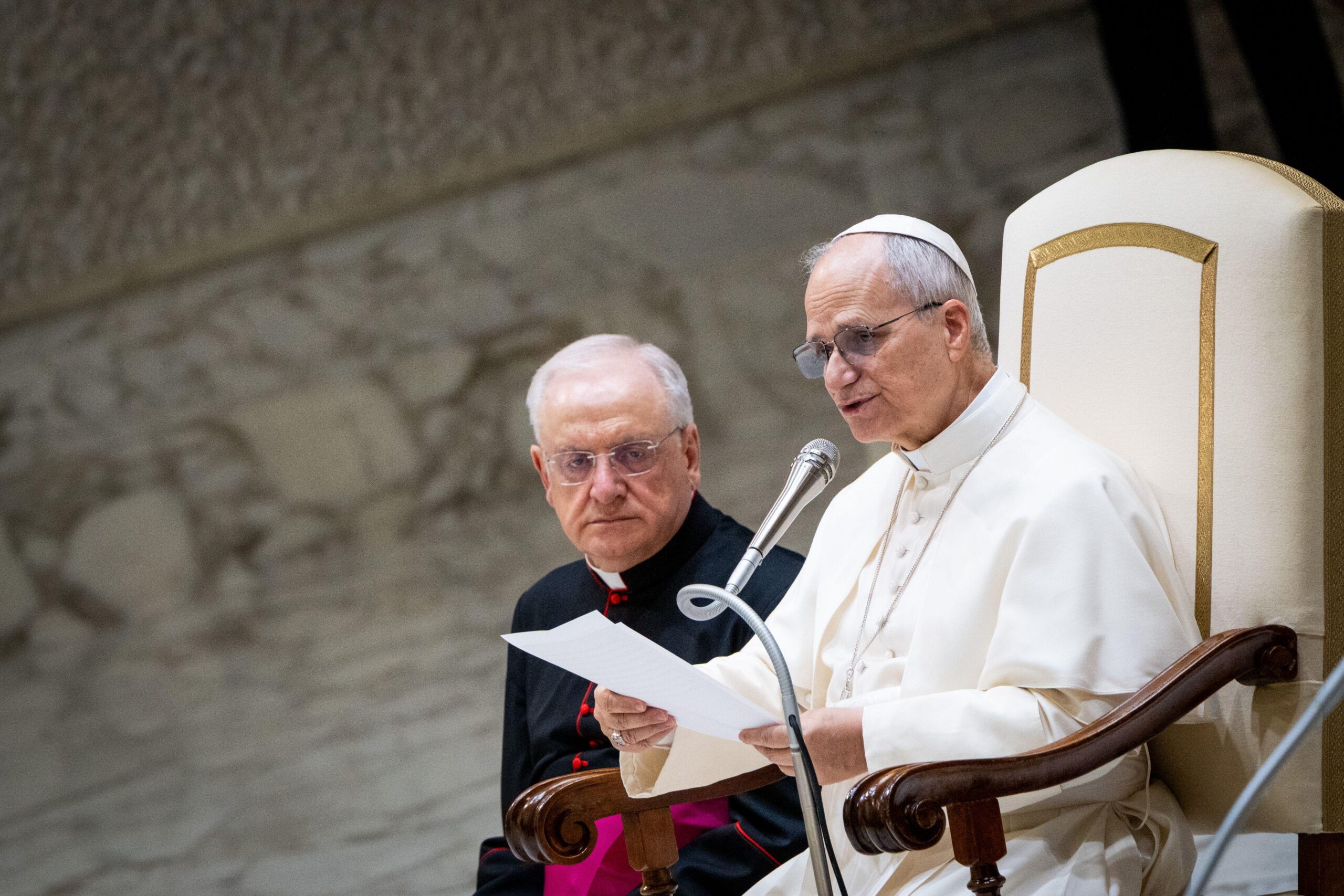 Pope Leo XIV speaking at the Vatican