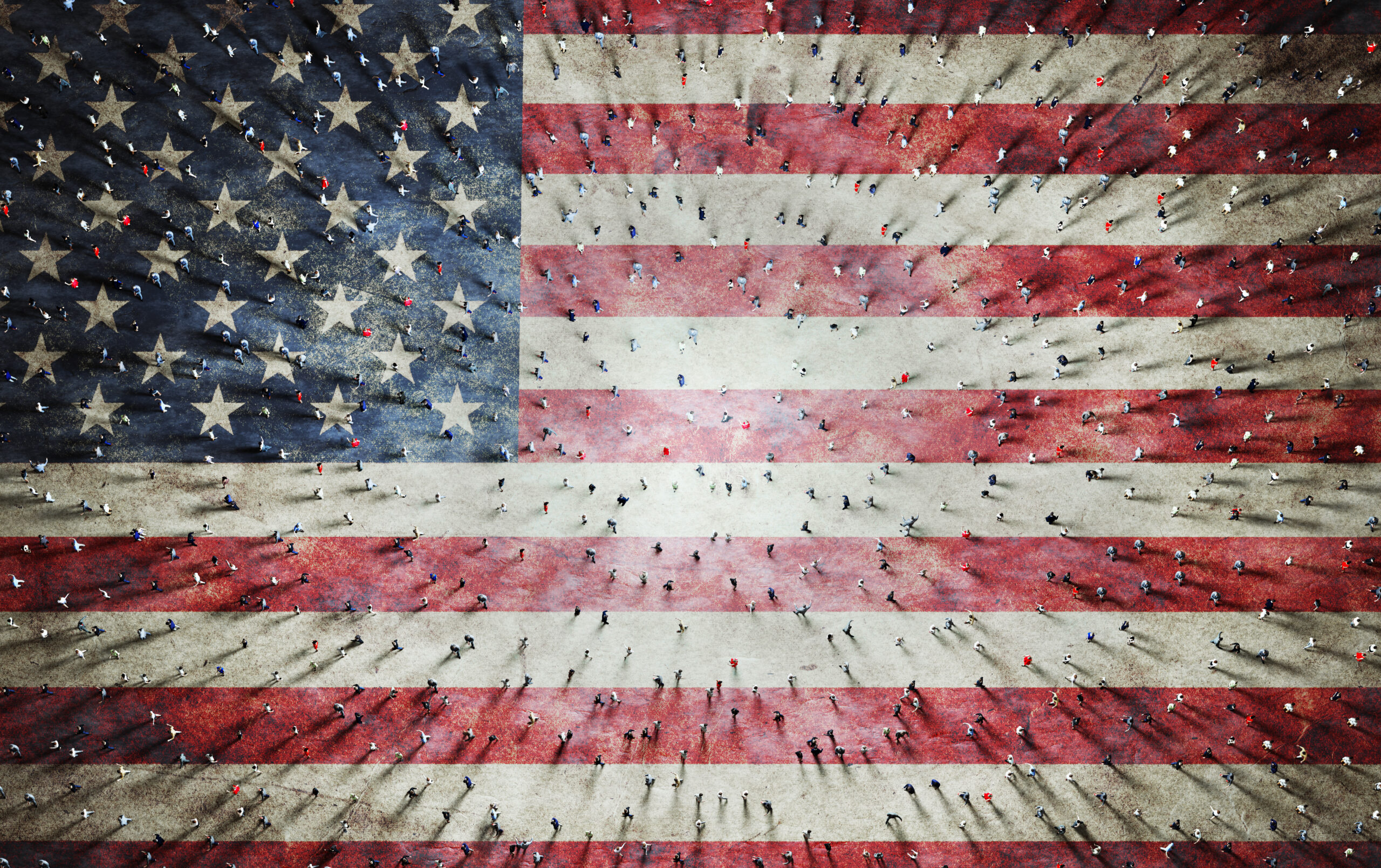 View from above of a crowd of people on USA flag
