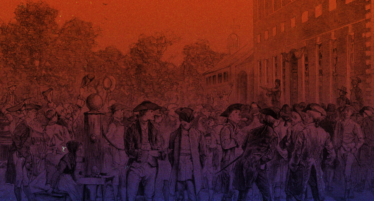 Crowd gathered outside Pennsylvania State House to listen to the resolutions approved by the Continental Congress
